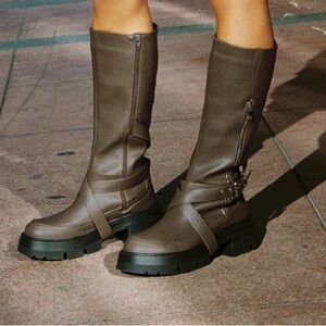 Princess Polly Green Grey Faux Leather Moto Calf Boots Size 9